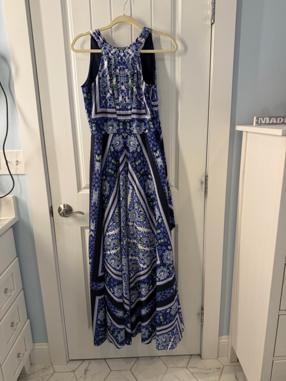 Eliza J Navy, Blue and Green V‑Neck Printed Maxi Dress